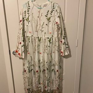 White embroidered midi dress with 3/4 sleeves